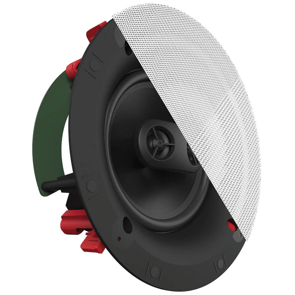 Klipsch Cs-16Csm In-ceiling loudspeaker with perforated metal grille, black enclosure, red terminal connectors visible.