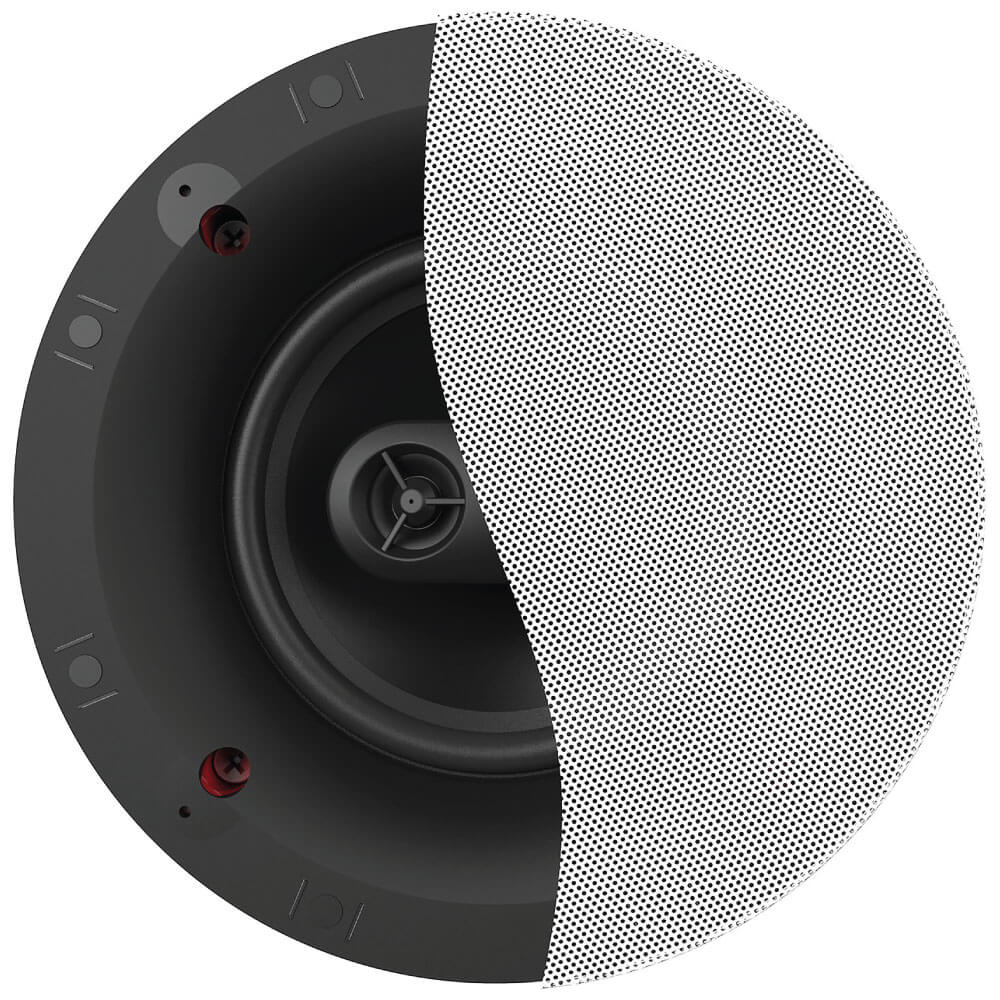 Klipsch Cs-16Csm Round in-ceiling speaker with perforated metal grille half peeled away, revealing woofer and back terminals.