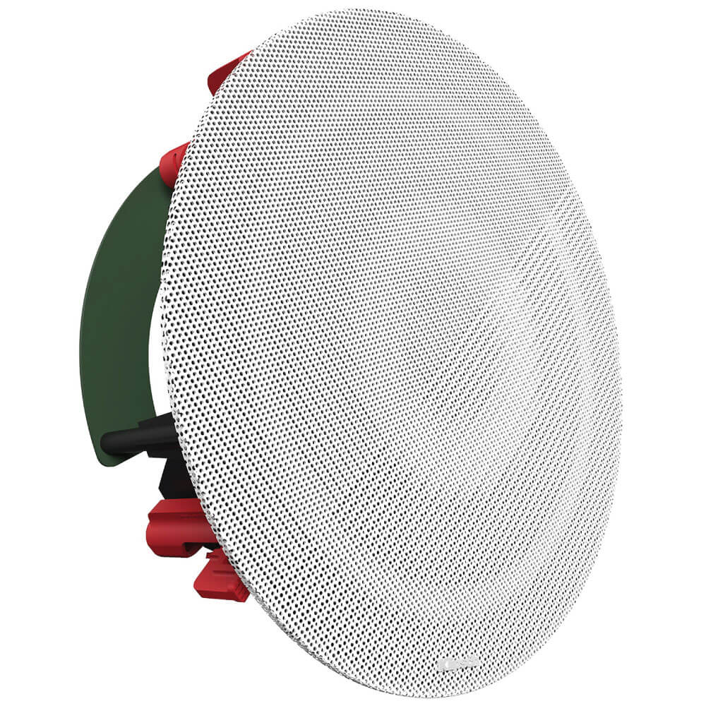 Klipsch Cs-16Csm Round white perforated metal ceiling speaker grille with green back housing and red mounting clamps