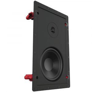 In-wall speaker panel with red mounting clamps, featuring a large woofer and a small tweeter.