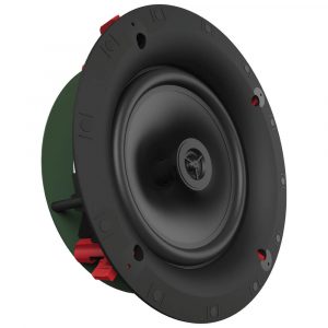 Round black speaker woofer with rubber surround, central dust cap, and red binding post terminals.