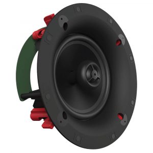 Round black loudspeaker driver with a black cone, red terminals, and a green mounting bracket.
