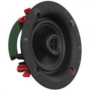 Round black automotive speaker with red terminal connectors and a green mounting bracket.
