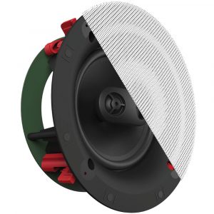 Round in-ceiling speaker with removable fabric grille, black housing, green backing, and red terminal connectors.