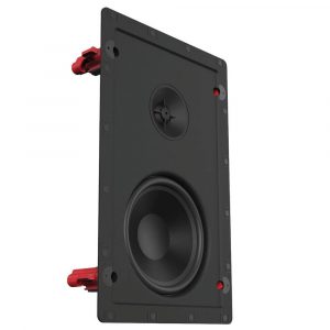 Black in-wall loudspeaker with a large woofer, a small tweeter, and red binding-post terminals on the frame.