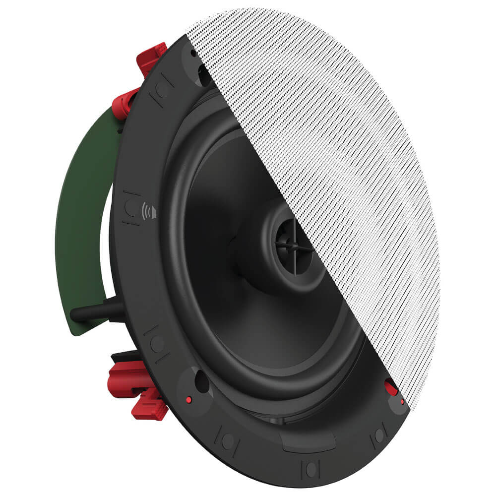 Klipsch Ds-180Cdt Circular in-ceiling speaker assembly with perforated metal grille half removed, black housing, green mounting ring, and red terminals.