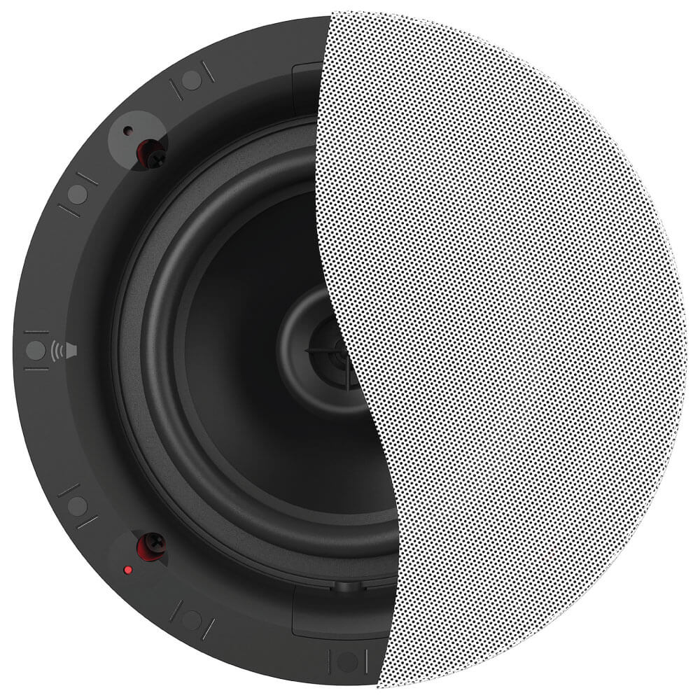 Klipsch Ds-180Cdt Round in-ceiling speaker with perforated metal grille partially exposed, showing the cone and mounting ring.