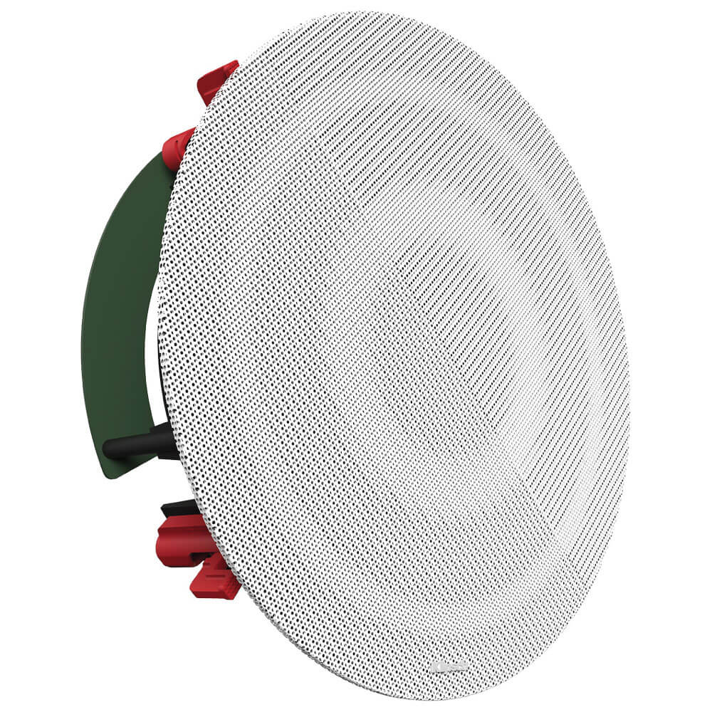 Klipsch Ds-180Cdt Round ceiling speaker with white perforated grille, green mounting ring and red terminal clips.
