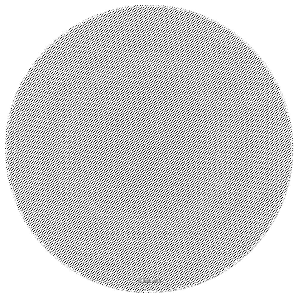 Klipsch Ds-180Cdt Round white speaker with a perforated grille and a small brand badge at the bottom.