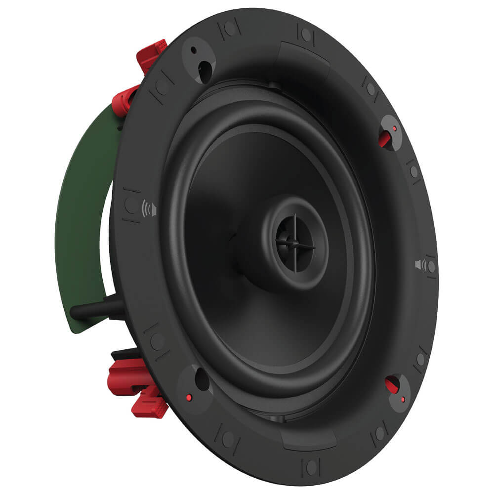 Klipsch Ds-180Cdt Round black in-wall speaker driver with red binding posts and green mounting plate.