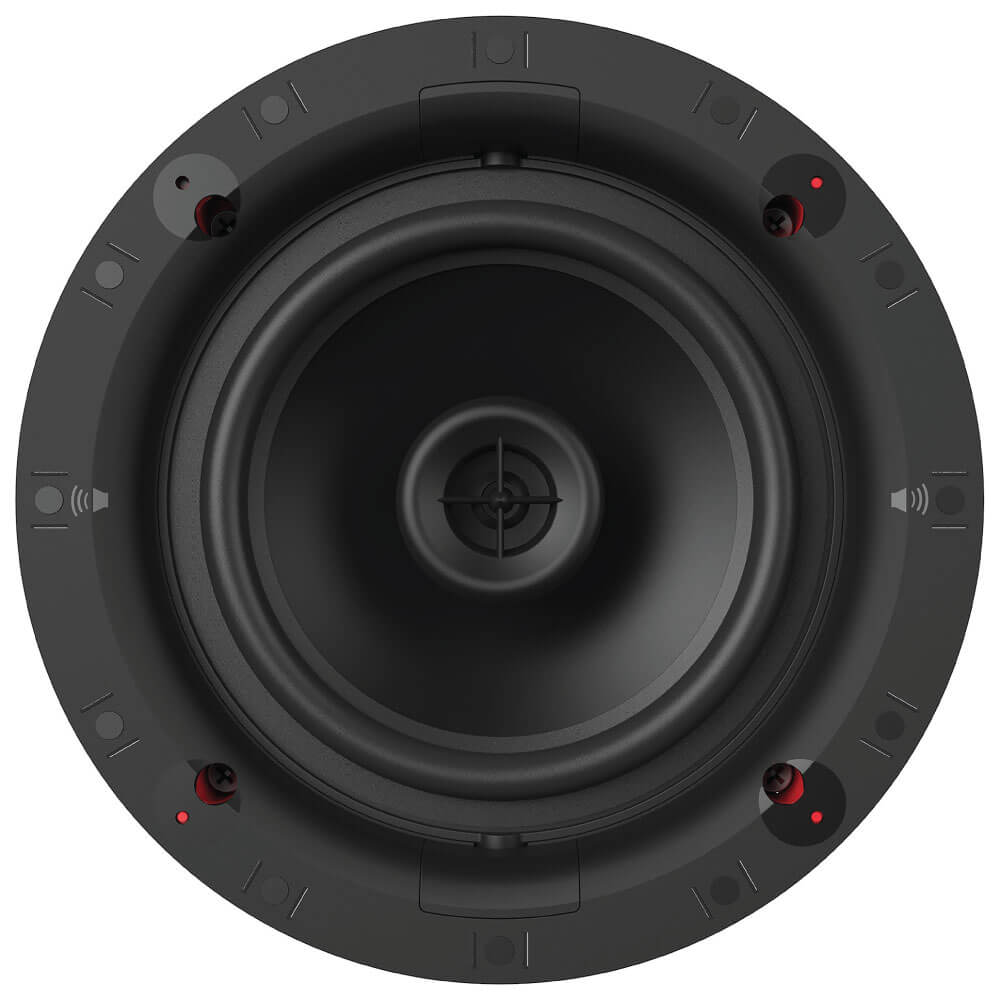 Klipsch Ds-180Cdt Round black speaker driver with central cone and integrated mounting flange for ceiling or wall installation