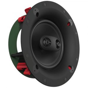 Round black in-wall loudspeaker driver with mounting flange and red terminals.