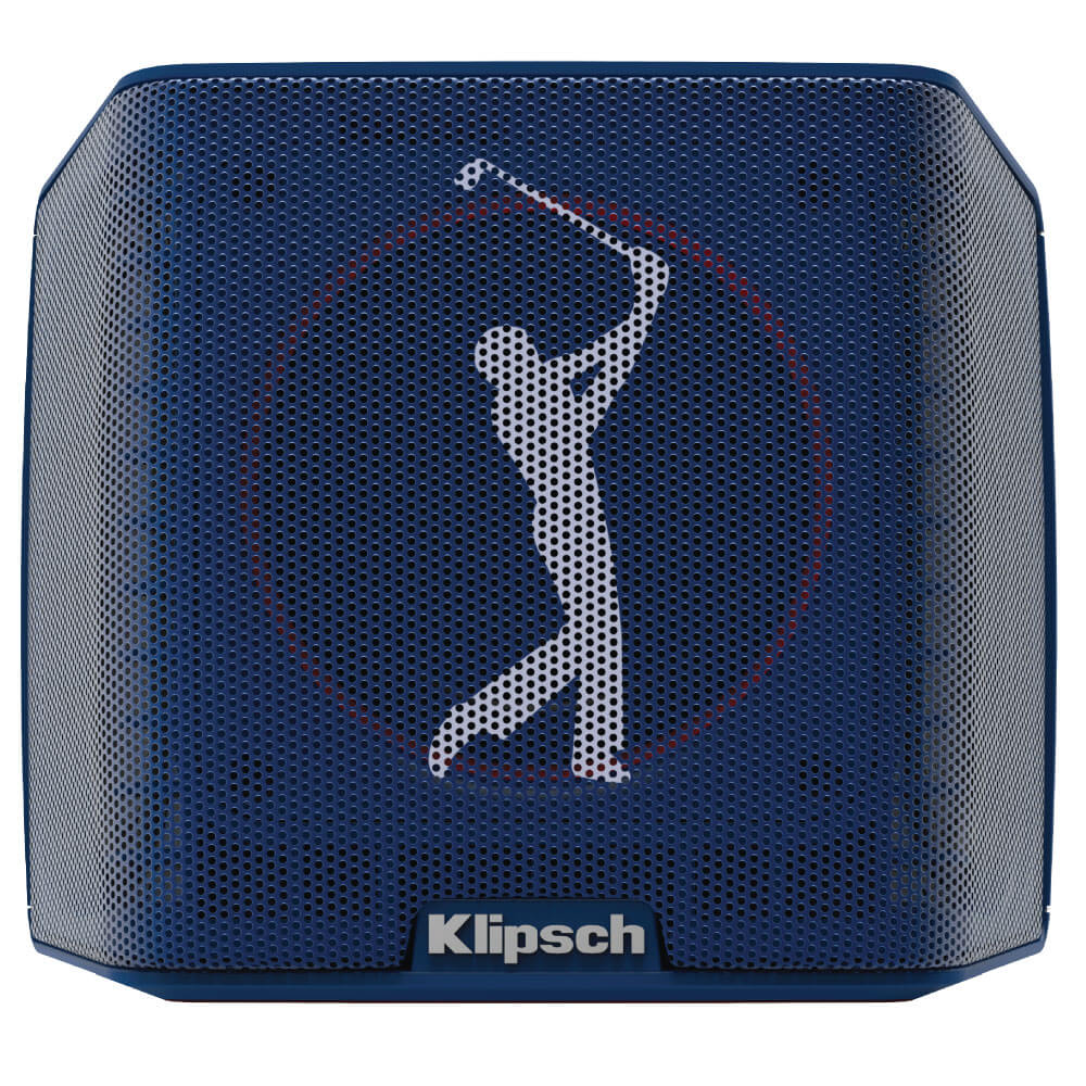 Klipsch Groove Ii Pga Edition Eua Klipsch portable bluetooth speaker with a blue perforated grille and a white golfer silhouette.
