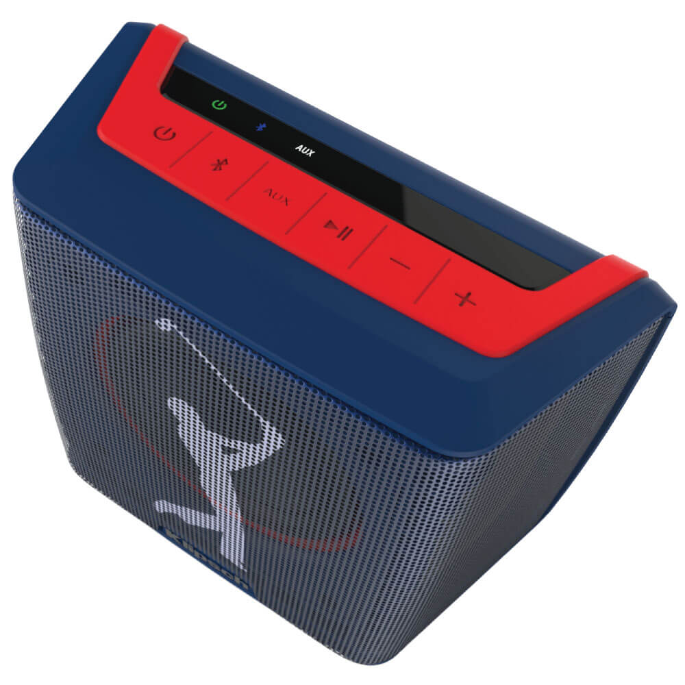 Klipsch Groove Ii Pga Edition Eua Blue portable bluetooth speaker with a red top control panel and a gray metal mesh grille.