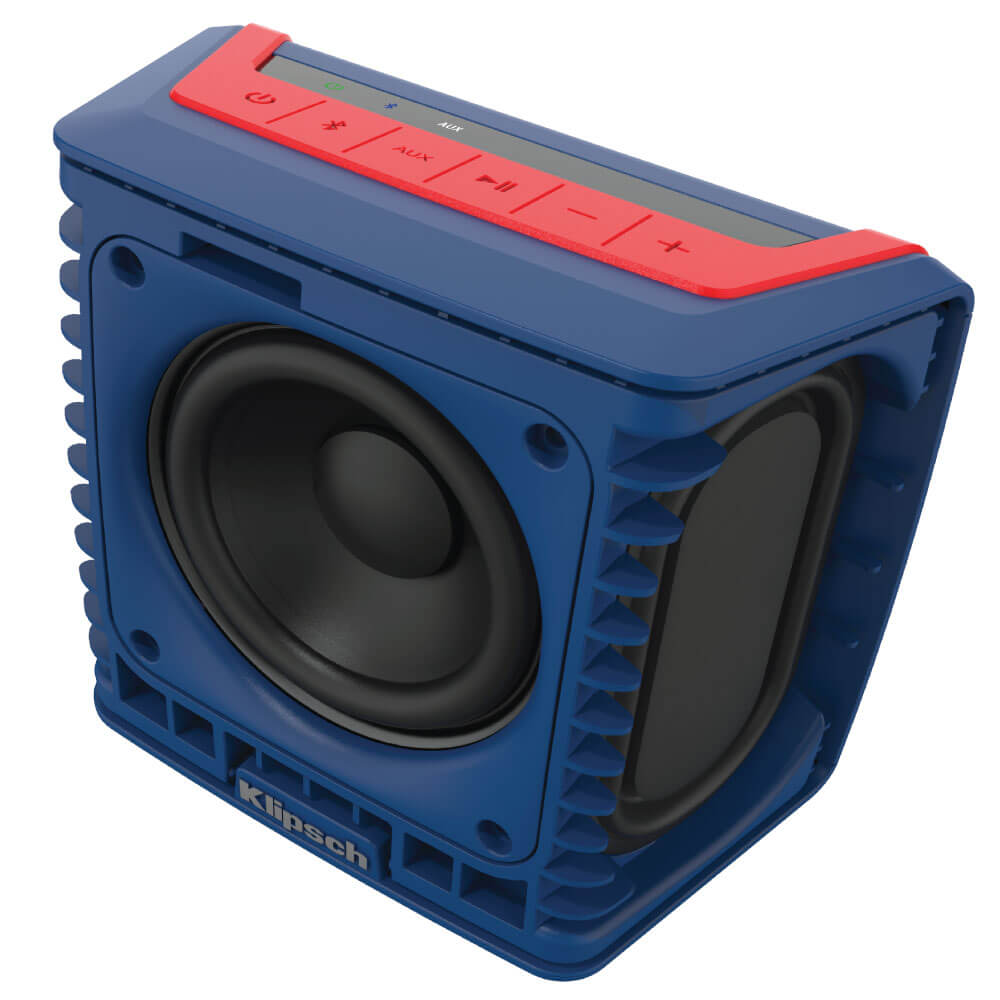 Klipsch Groove Ii Pga Edition Eua Klipsch blue portable bluetooth speaker with red control bar and large front driver.