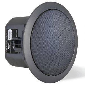 IC-400-T in-ceiling loudspeaker with round gray bezel and perforated grille