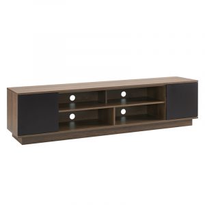 Long wood finish media console with black end cabinets, open shelves and circular cable holes.