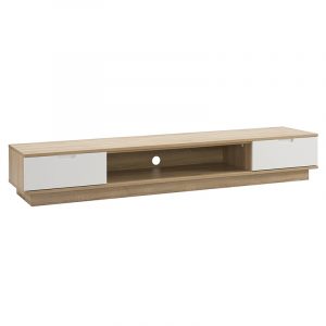 Low-profile oak-finish media console with two white drawers and central open shelf for electronic components.