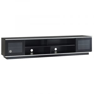 Black low-profile media console with glass doors on both ends and open central shelves.