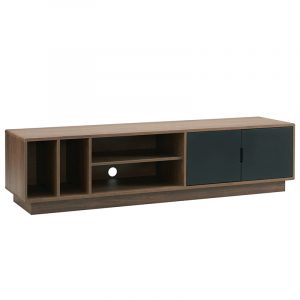 Walnut-toned wooden media console with open shelving, a central shelf with cable hole, and two black cabinet doors.