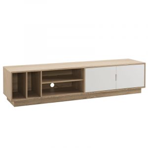 Long light oak TV stand with open left cubbies, a middle shelf with cable hole, and white right cabinet doors.
