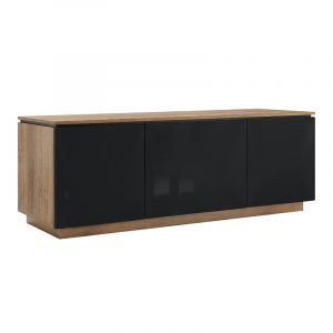 Three-door sideboard with natural wood top and sides and matte black cabinet doors, low-profile living room storage.