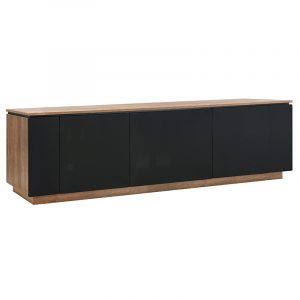 Two-tone sideboard with natural wood top and base and four black cabinet doors.