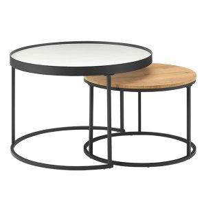 Nesting round tables with black metal frames; one white marble top and one natural wood top.