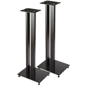 A pair of Tauris SP199-24 black metal speaker stands with rectangular bases and tops, each base featuring four corner spikes for stability.
