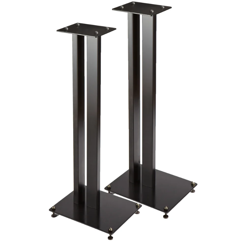 Tauris Sp199-24 Speaker Stand Pair A pair of tauris sp199-24 black metal speaker stands with rectangular bases and tops, each base featuring four corner spikes for stability.