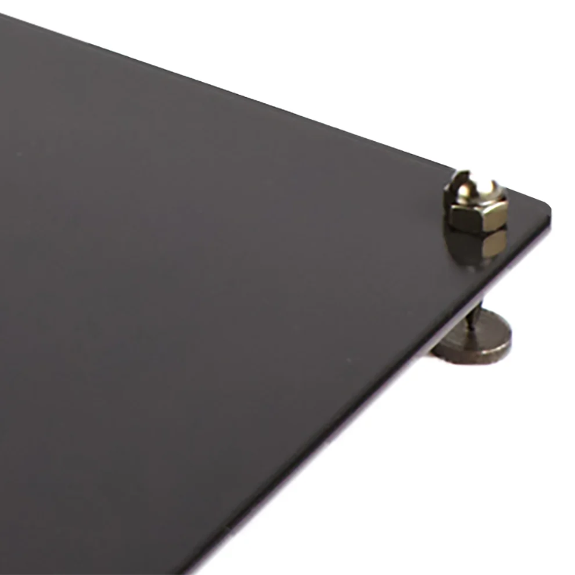 Tauris Sp199-24 Speaker Stand Pair Close-up of a tauris sp199-24 black metal plate secured at the corner with a bolt, nut, and washer, shown against a white background.