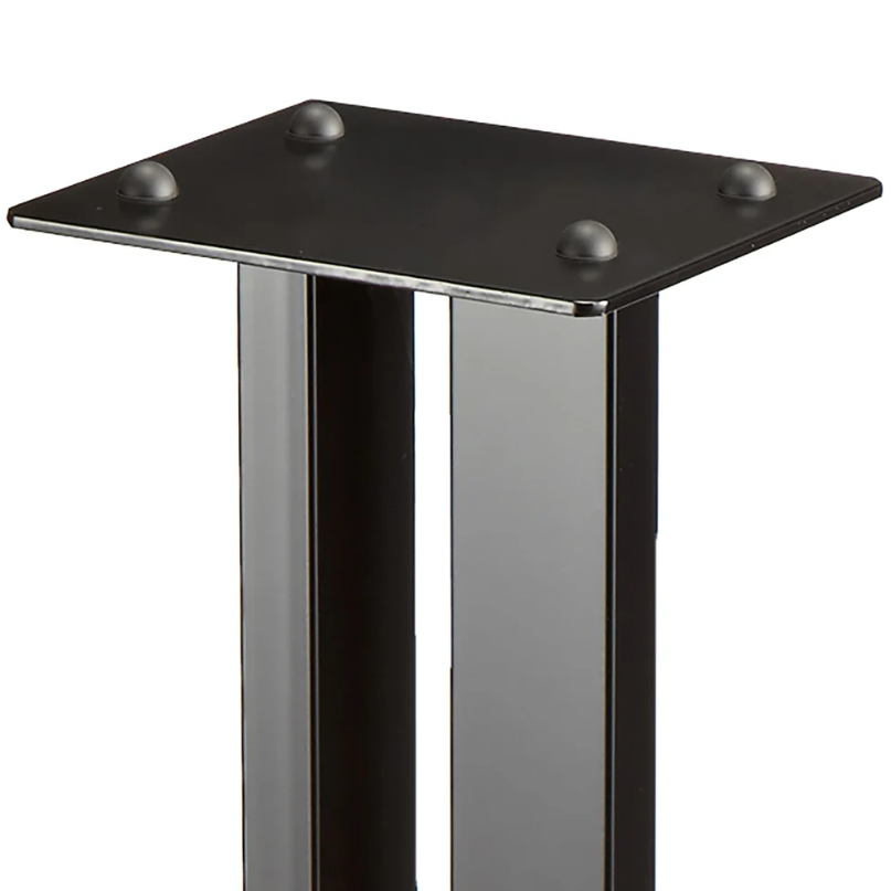 Tauris Sp199-24 Speaker Stand Pair A close-up view of the tauris sp199-24, a black metal stand featuring a flat square top secured with four round fasteners and supported by two vertical rectangular legs.