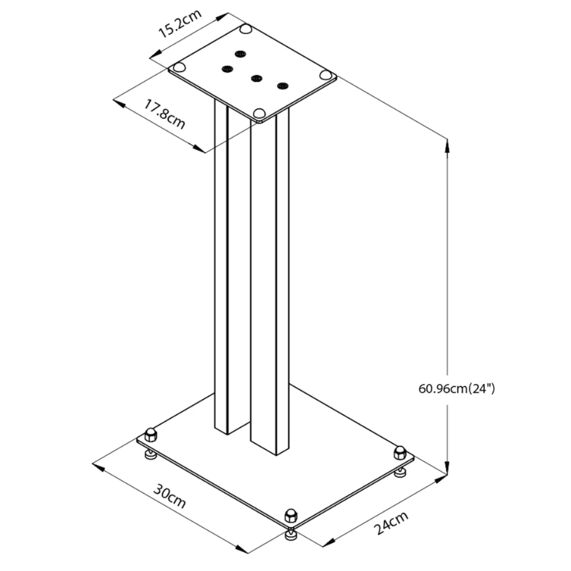Tauris Sp199-24 Speaker Stand Pair Line drawing of the tauris sp199-24 rectangular speaker stand featuring top and bottom plates, with dimensions labeled: base 30x24 cm, top plate 15. 2x17. 8 cm, height 60. 96 cm.