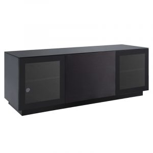 Black low-profile media cabinet with glass-front doors on both ends and a center panel.