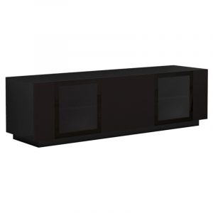 Black low-profile media console with two frosted-glass cabinet doors.