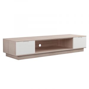 Long wooden TV stand with white end drawers, central open shelf with cable hole, light oak finish.