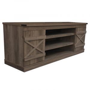 Brown wooden media console with two barn-door cabinets and three open storage shelves.