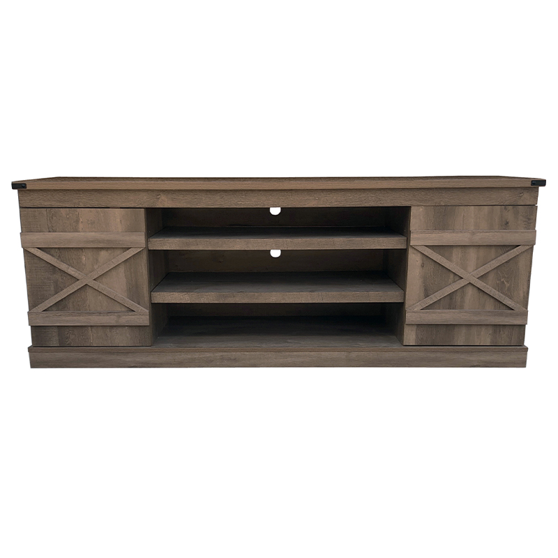 Criterion Rustic 1800 Rustic brown wooden tv console with three central shelves and x-shaped side cabinet doors