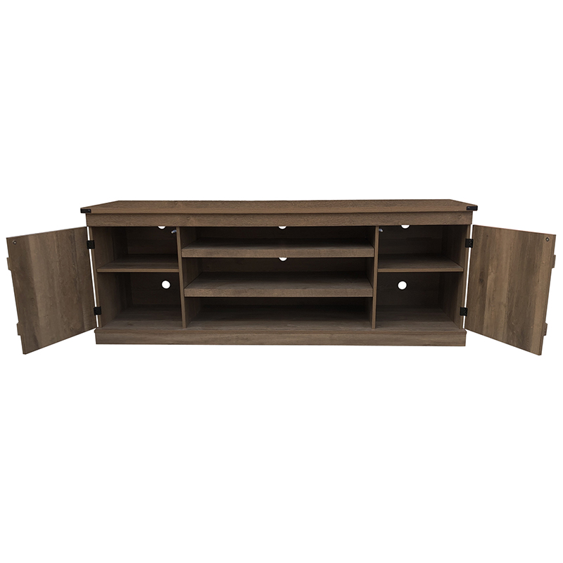 Criterion Rustic 1800 Brown wood media console with two side cabinet doors and three central open shelves.