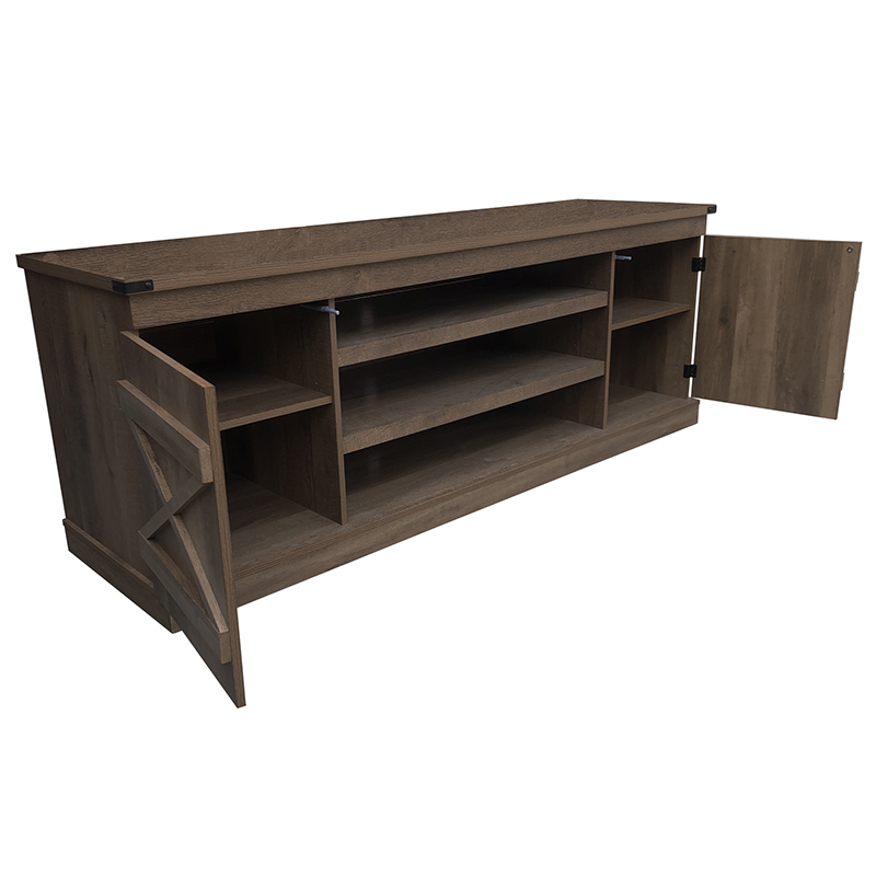 Criterion Rustic 1800 Wooden sideboard cabinet with left x-brace door, right door, and central open shelves in dark brown finish.
