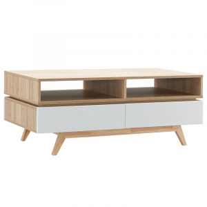 Modern wooden coffee table with two open cubbies, white front drawers, and angled legs.