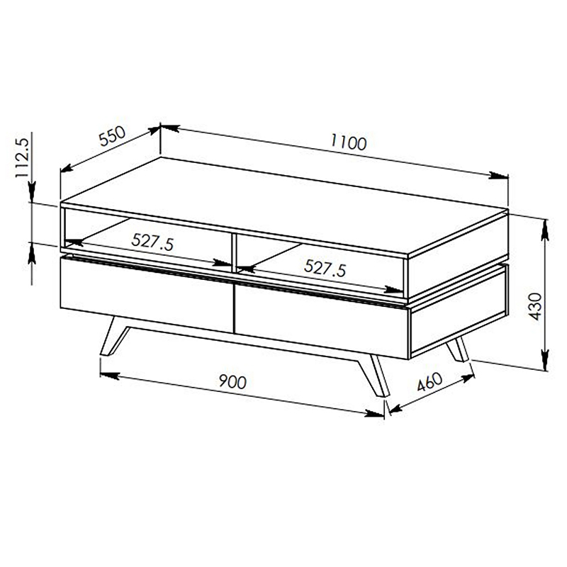Criterion Silverton Ct1100 Contemporary media console with two drawers and open shelf on angled legs, 1100 mm long, 430 mm high.