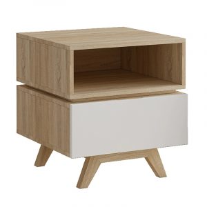 Oak-finish wooden nightstand with open top shelf and white front drawer on angled legs.