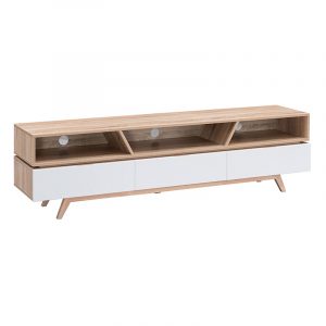Long oak and white media console with three open cubbies, diagonal dividers, circular cable holes, and angled legs.