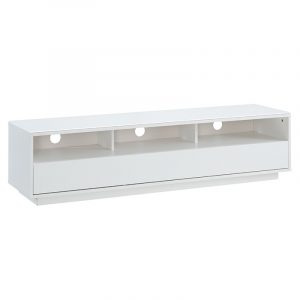 White low-profile media console with three open cubbies and round cable holes, plus a full-width bottom drawer.
