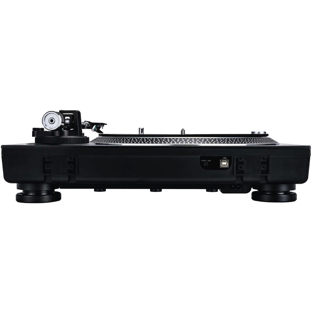 Reloop Rp-2000Mk2 Direct Drive Scratch Dj Turntable With Usb Black dj turntable side view with tonearm, perforated top, and usb port on the side panel