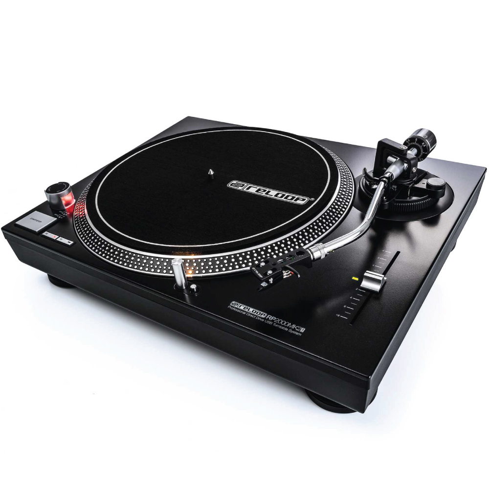 Reloop Rp-2000Mk2 Direct Drive Scratch Dj Turntable With Usb Gloop rp-2000mk2 belt-drive turntable with tonearm, pitch slider, and control buttons.