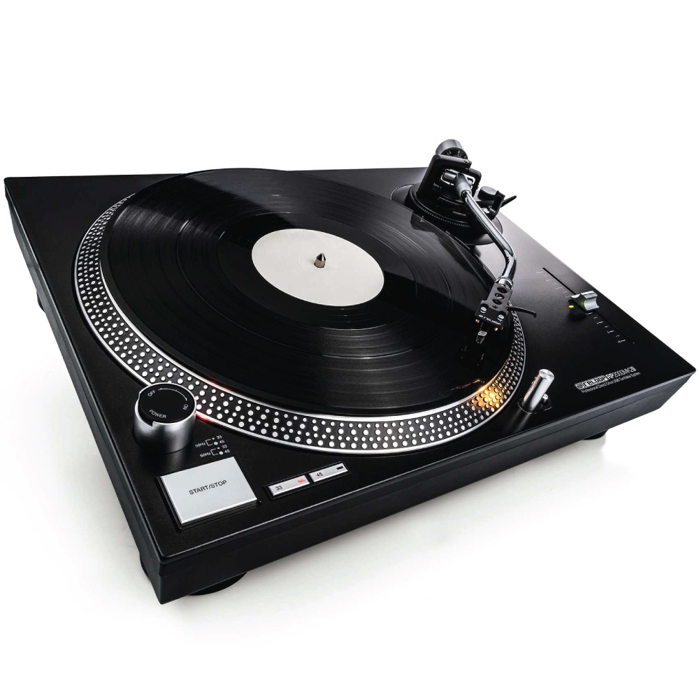 Reloop Rp-2000Mk2 Direct Drive Scratch Dj Turntable With Usb Black turntable with silver tonearm, spinning vinyl on a dotted platter.