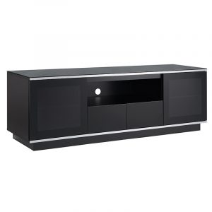 Black TV stand with glass-front cabinets on each side, central open shelf with cable hole, and two drawers, chrome trim.