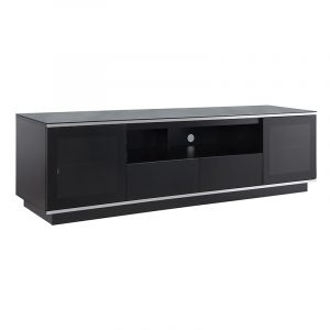 Black modern TV stand with glass doors, central open shelf, two bottom drawers, and cable management hole.